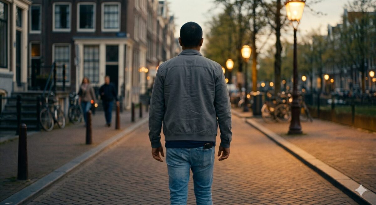 Zelfverzekerde man loopt ontspannen over straat en kijkt vooruit