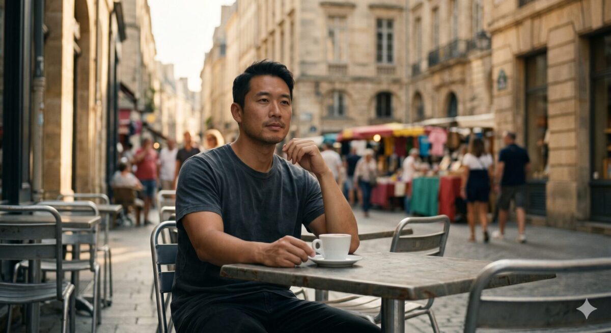 Man zit reflectief op een terras