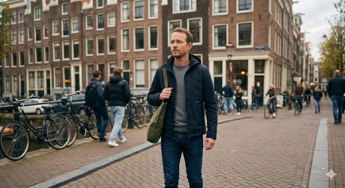 Man van midden dertig loopt met doel door een stadsstraat bij daglicht
