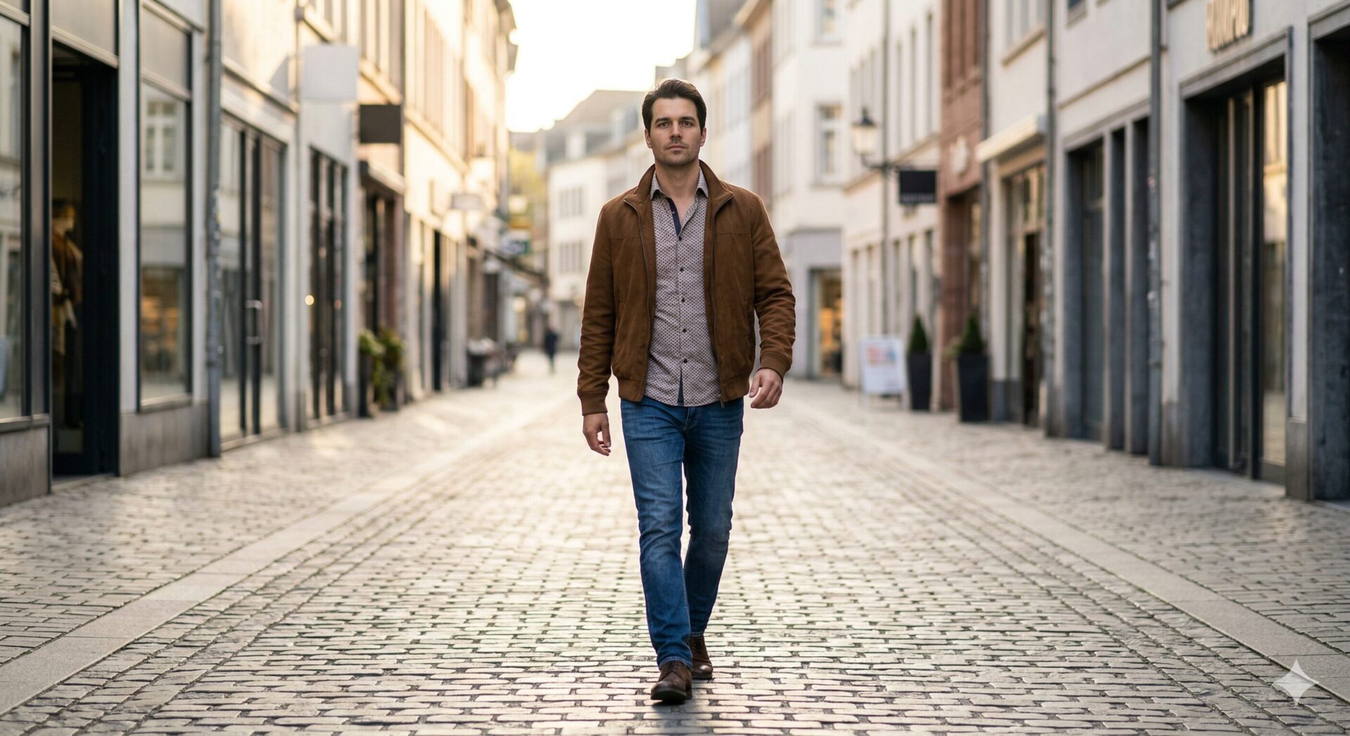 Man loopt met richting door een rustige straat na een moment van helderheid