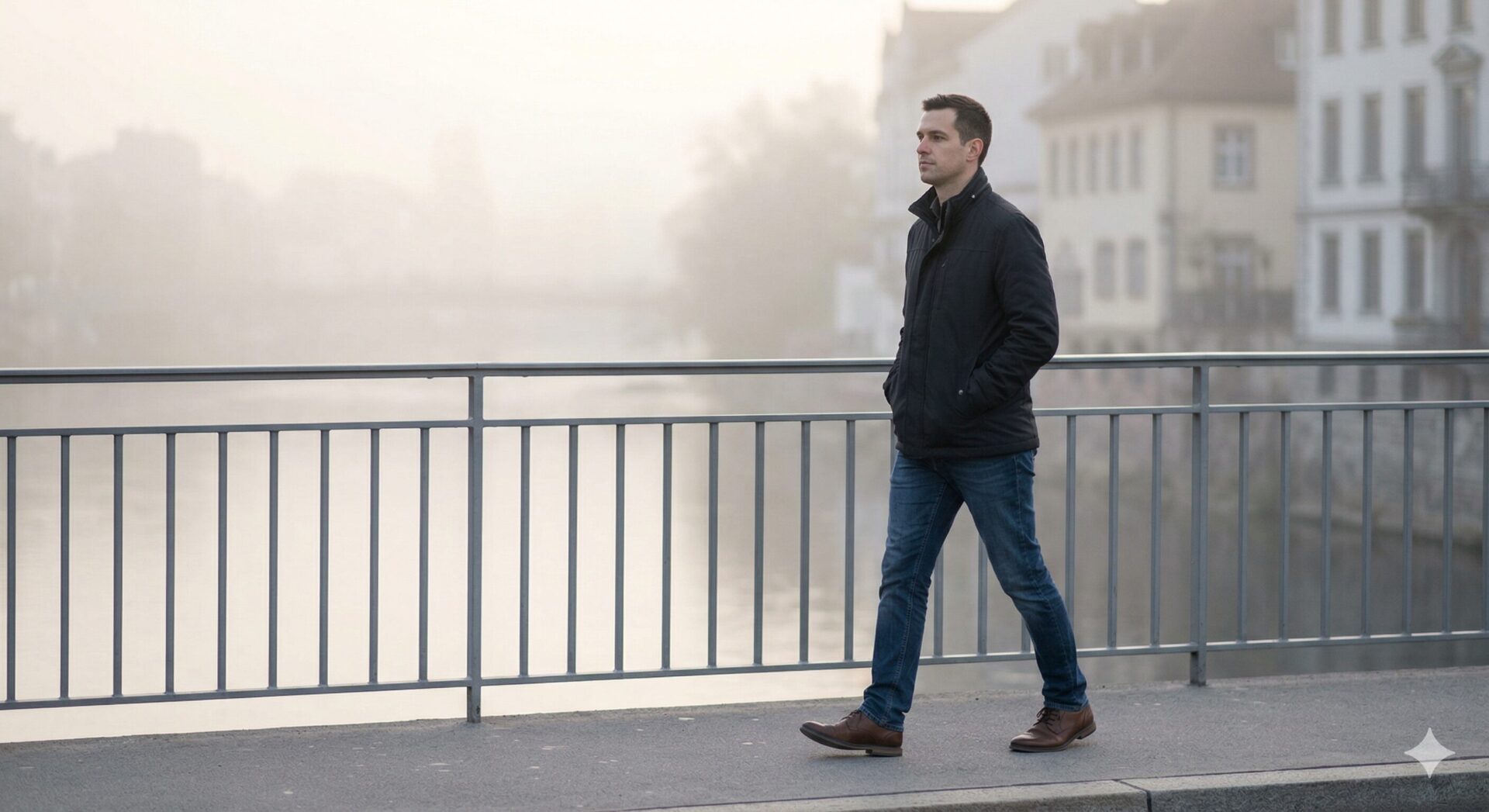 Man loopt alleen over een stadsbrug in de ochtend met richting en helderheid