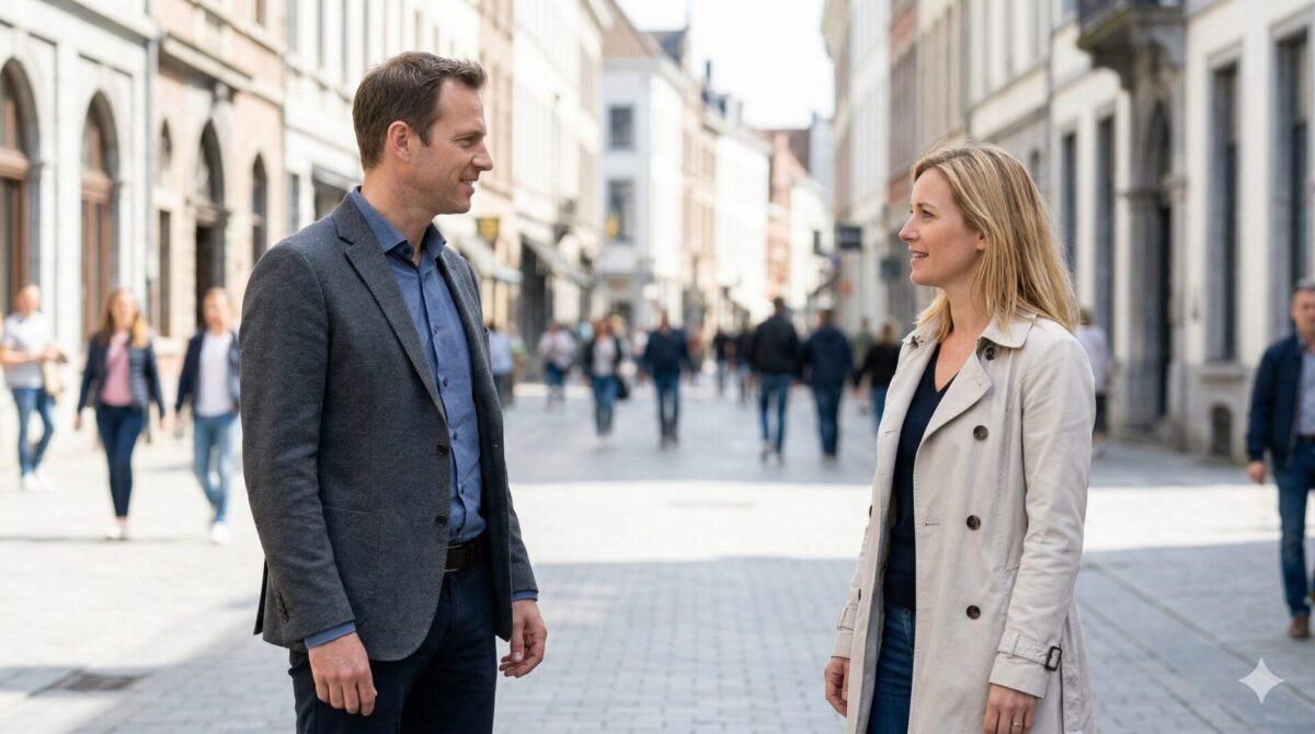 man spreekt vrouw respectvol aan op straat