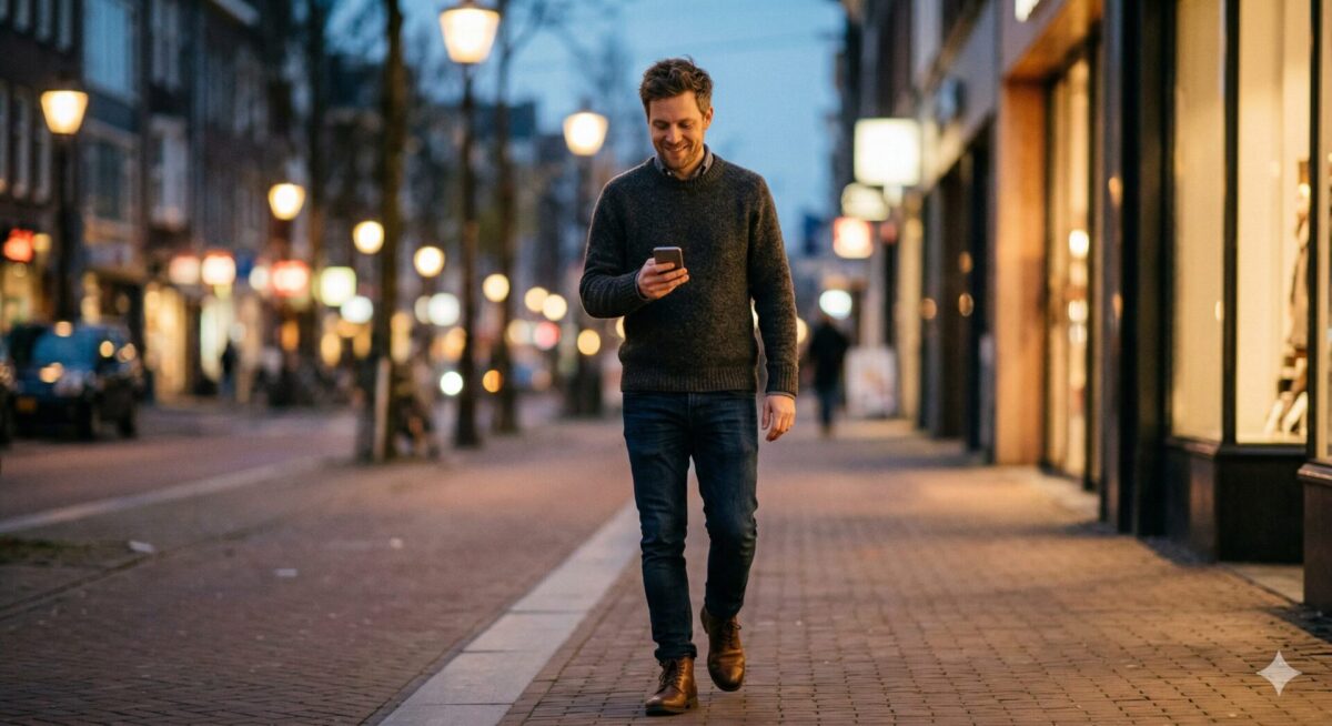 Man loopt ontspannen weg terwijl hij op zijn telefoon kijkt