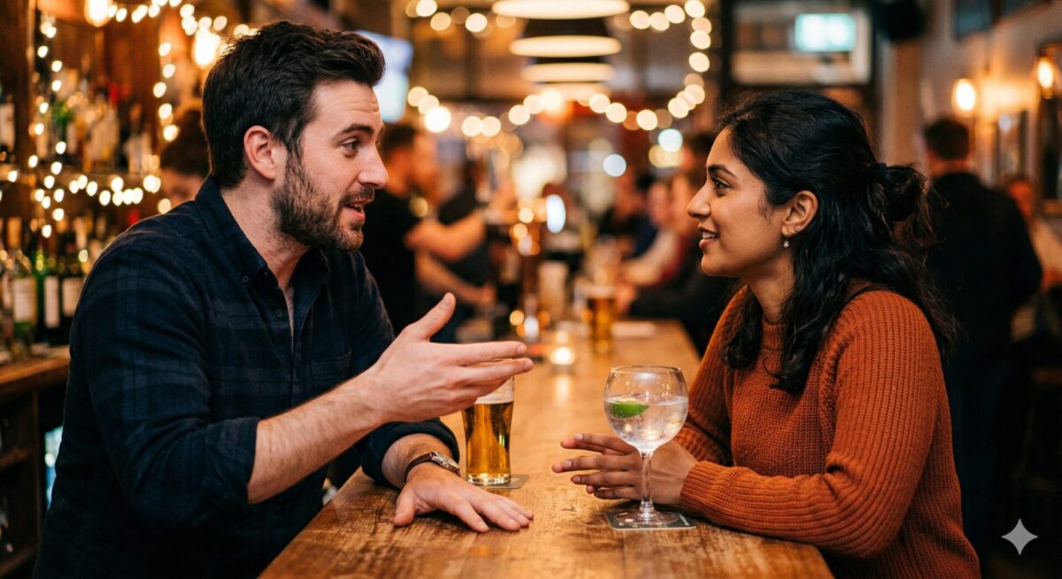 Man en vrouw in gesprek tijdens wandeling in de stad
