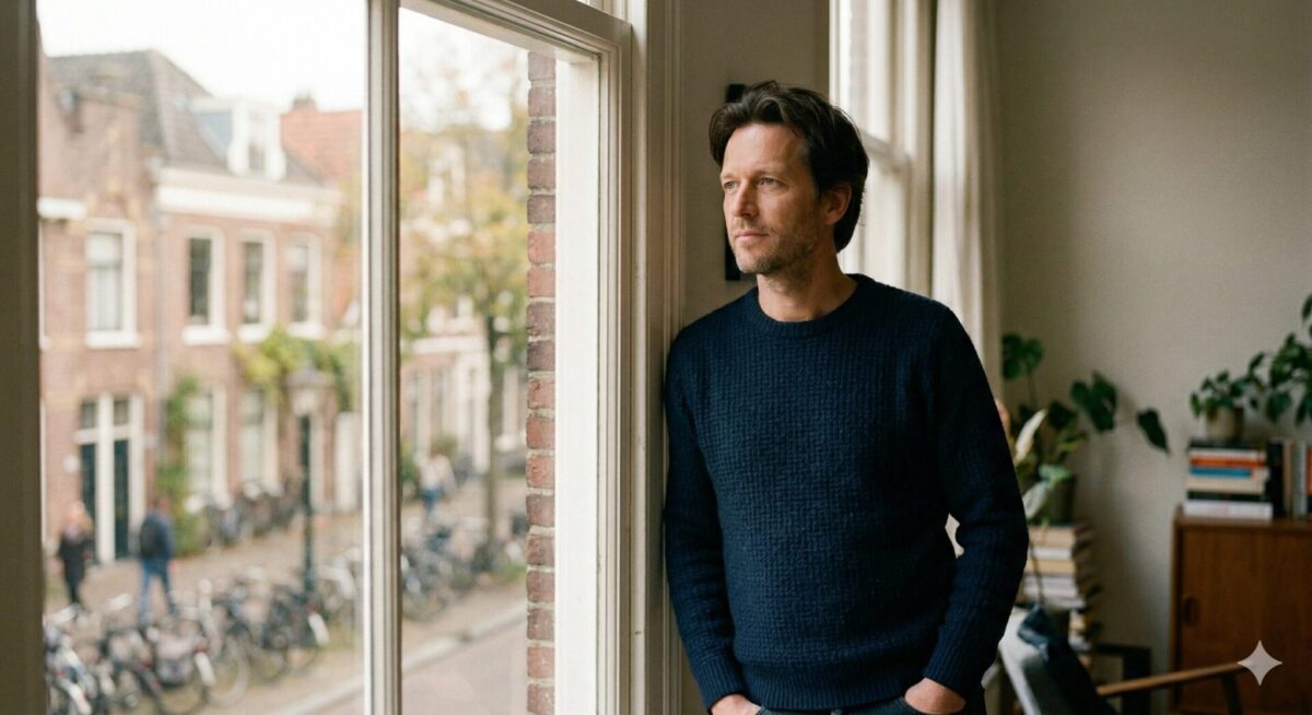 Man alleen, nadenkend, rustige omgeving, zelfreflectie
