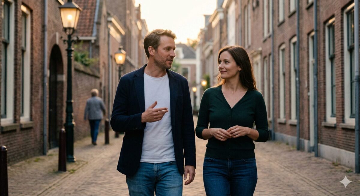 Man en vrouw lopen samen door een avondlijke straat in ontspannen maar bewust contact