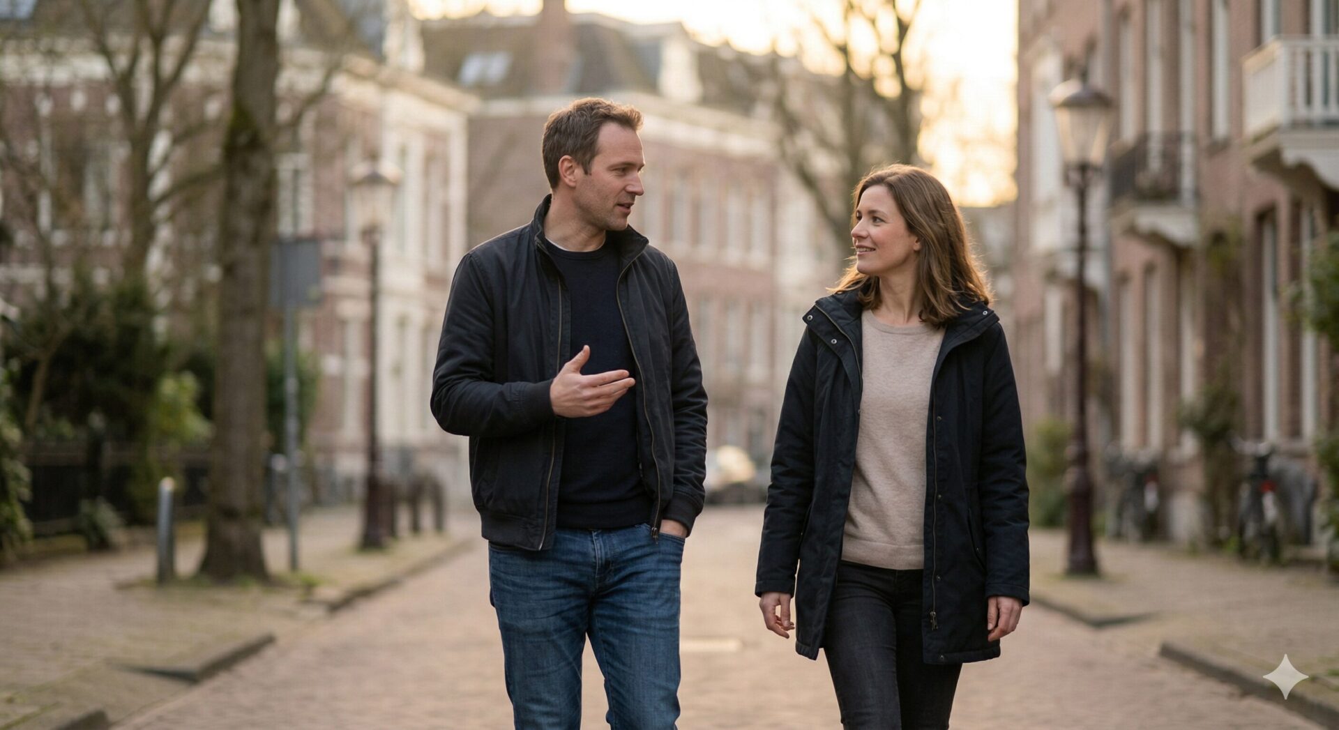 Man en vrouw lopen pratend door een stadsstraat met natuurlijk en persoonlijk contact