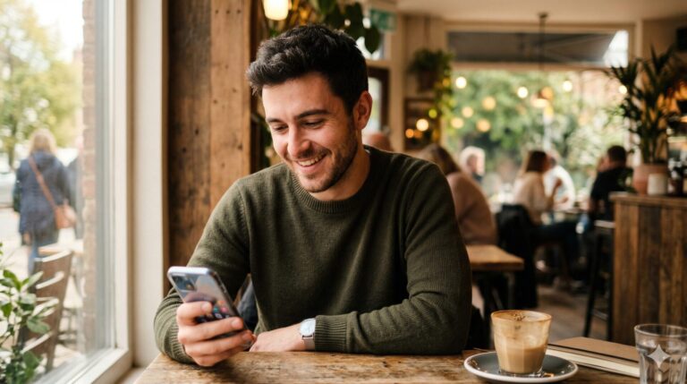 Jonge man glimlachend terwijl hij een Tinder gesprek voert op zijn telefoon in een café