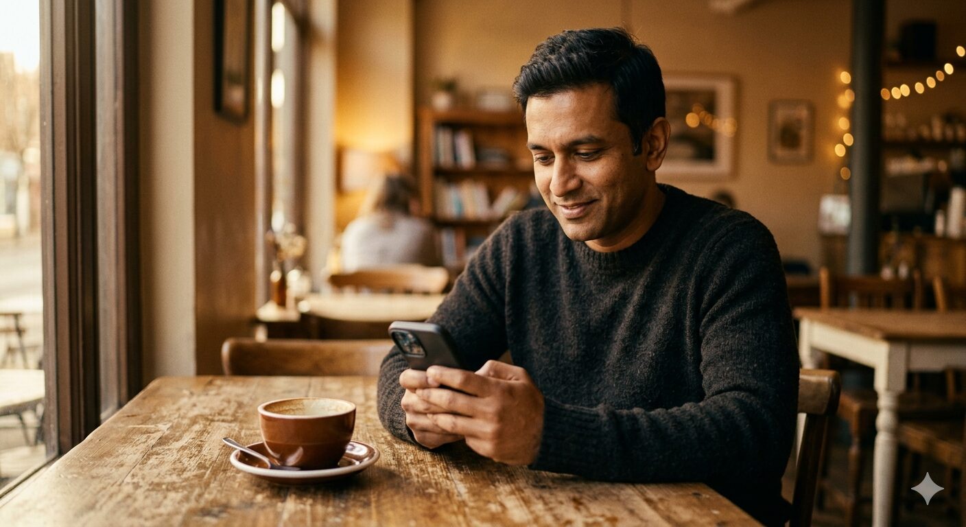 Man van begin veertig leest een bericht op zijn telefoon met een lichte glimlach