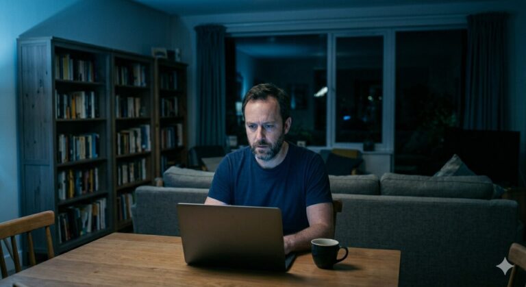 Man van begin veertig kijkt naar een laptopscherm in een donkere woonkamer