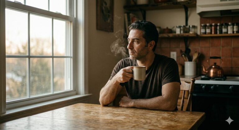 Man van begin veertig zit alleen aan keukentafel met koffie en kijkt uit het raam