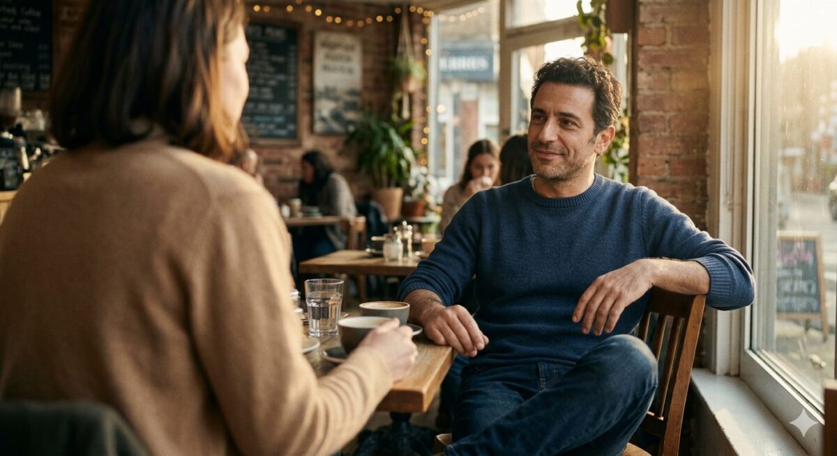 Man van begin veertig luistert ontspannen naar zijn date in een cafe