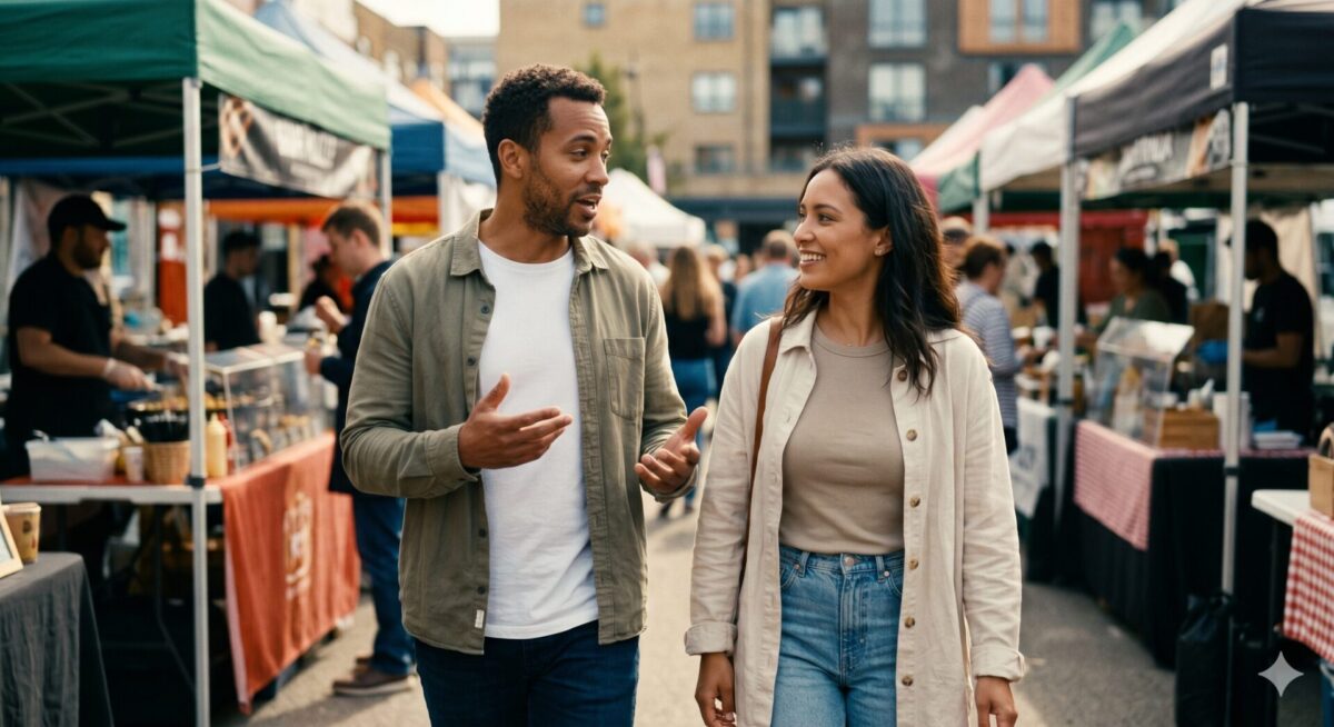 Man en vrouw lopen ontspannen over een markt bij daglicht