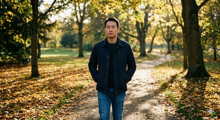Man van begin veertig wandelt alleen over een pad in een park in herfstlicht