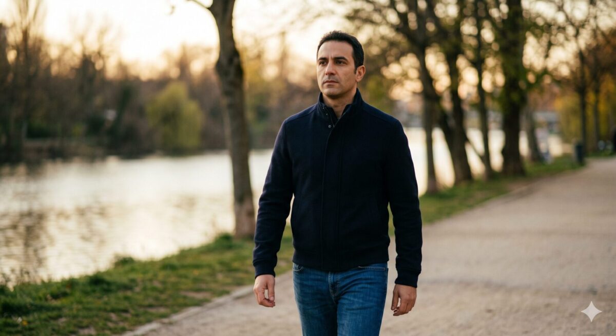 Man van midden dertig loopt actief buiten in een stedelijke omgeving bij daglicht