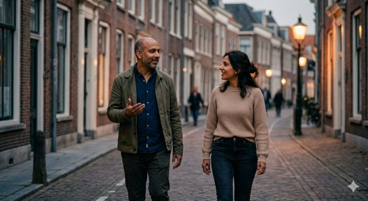 Man van begin veertig loopt pratend met zijn date over een avondlijke straat