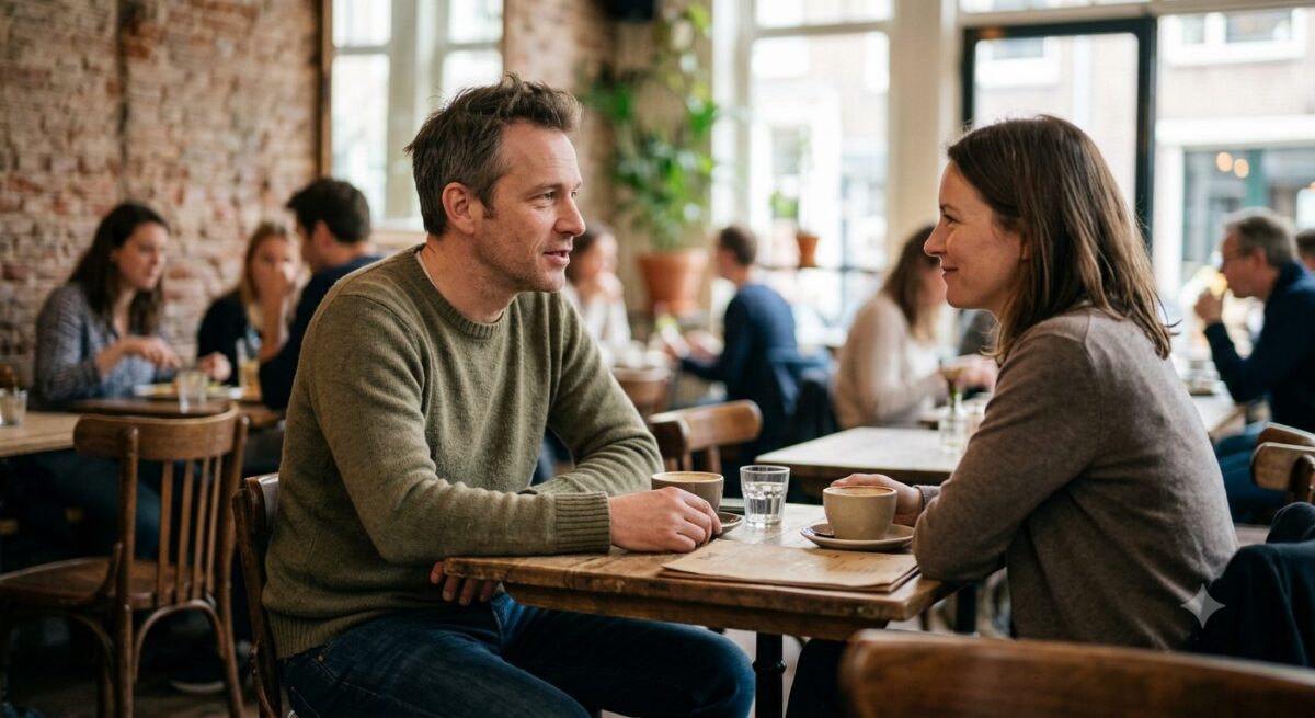 Man geeft een vrouw een oprecht compliment tijdens een ontspannen gesprek