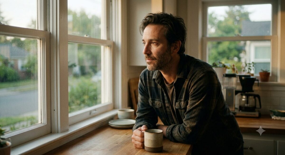 Man van begin veertig staat alleen in een stille keuken en kijkt uit het raam