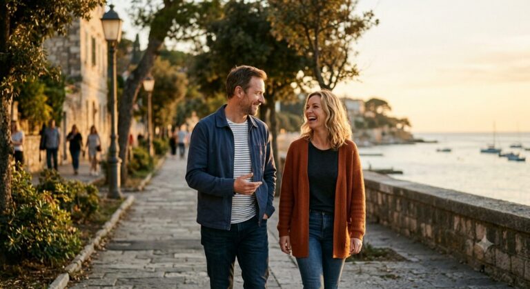 Man en vrouw van begin veertig lopen ontspannen samen over een boulevard