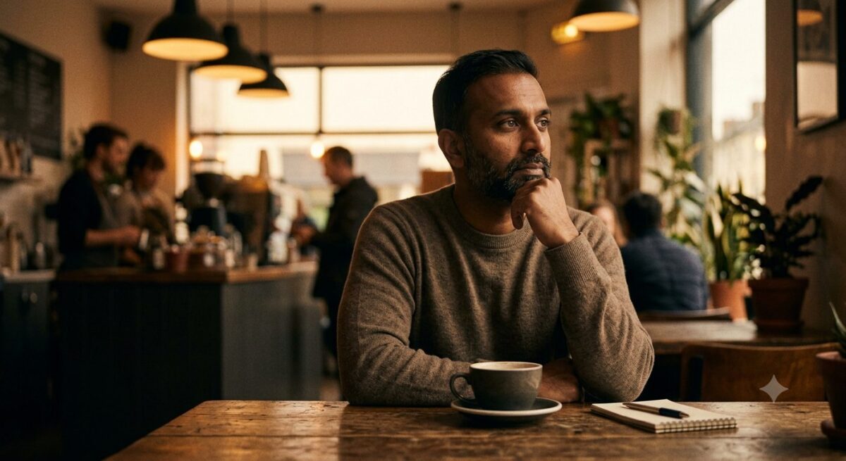 Man van begin veertig zit rustig na te denken in een cafe