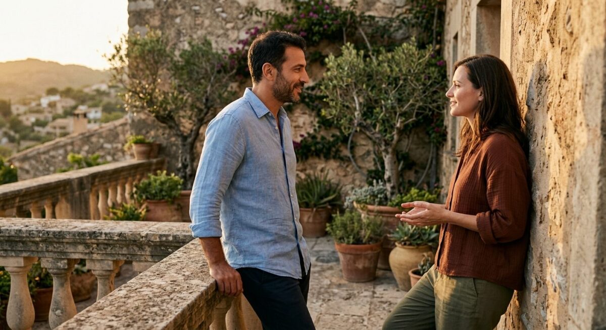 Man en vrouw in een ontspannen gesprek op een mediterraan terras