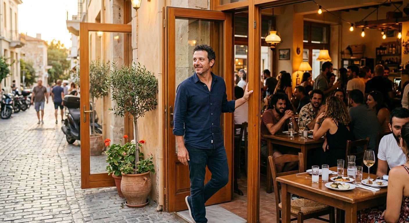 Man stapt met energie een café binnen in een mediterrane stad