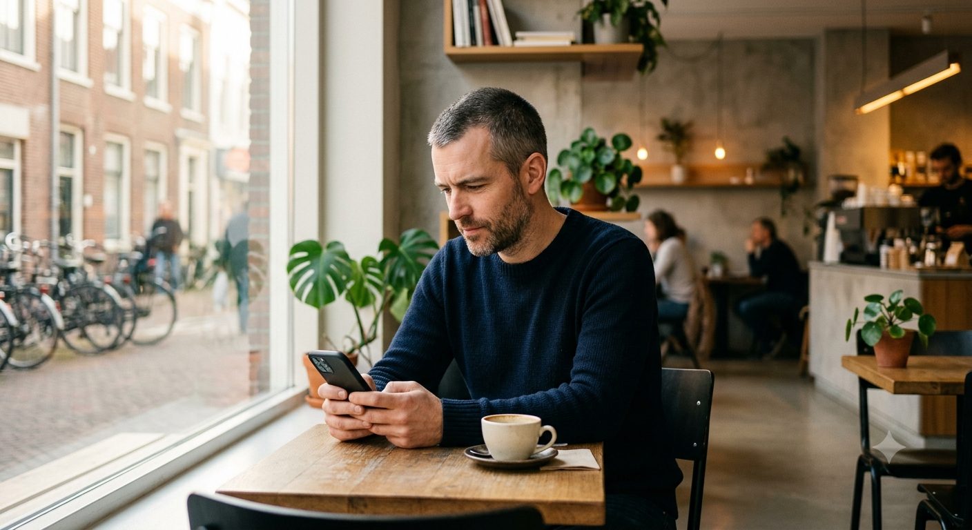 Man zit in een modern café en scrollt nadenkend door zijn telefoon in een dating-app context