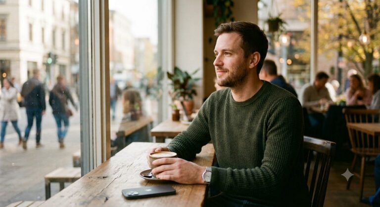 Man zit ontspannen in een café met zijn telefoon omgedraaid op tafel