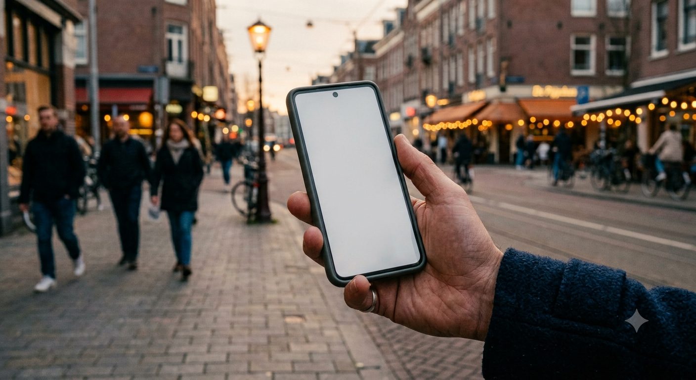 Close-up van een hand met smartphone in een stedelijke omgeving met een vluchtige digitale dating-sfeer