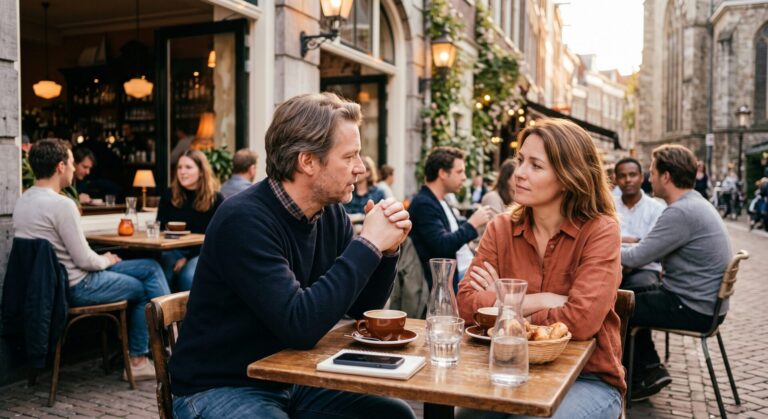 Man en vrouw in een rustig gesprek op een terras