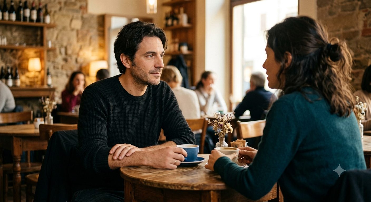 Man en vrouw tijdens een eerste laagdrempelige ontmoeting in een koffiebar, ontspannen maar aftastend