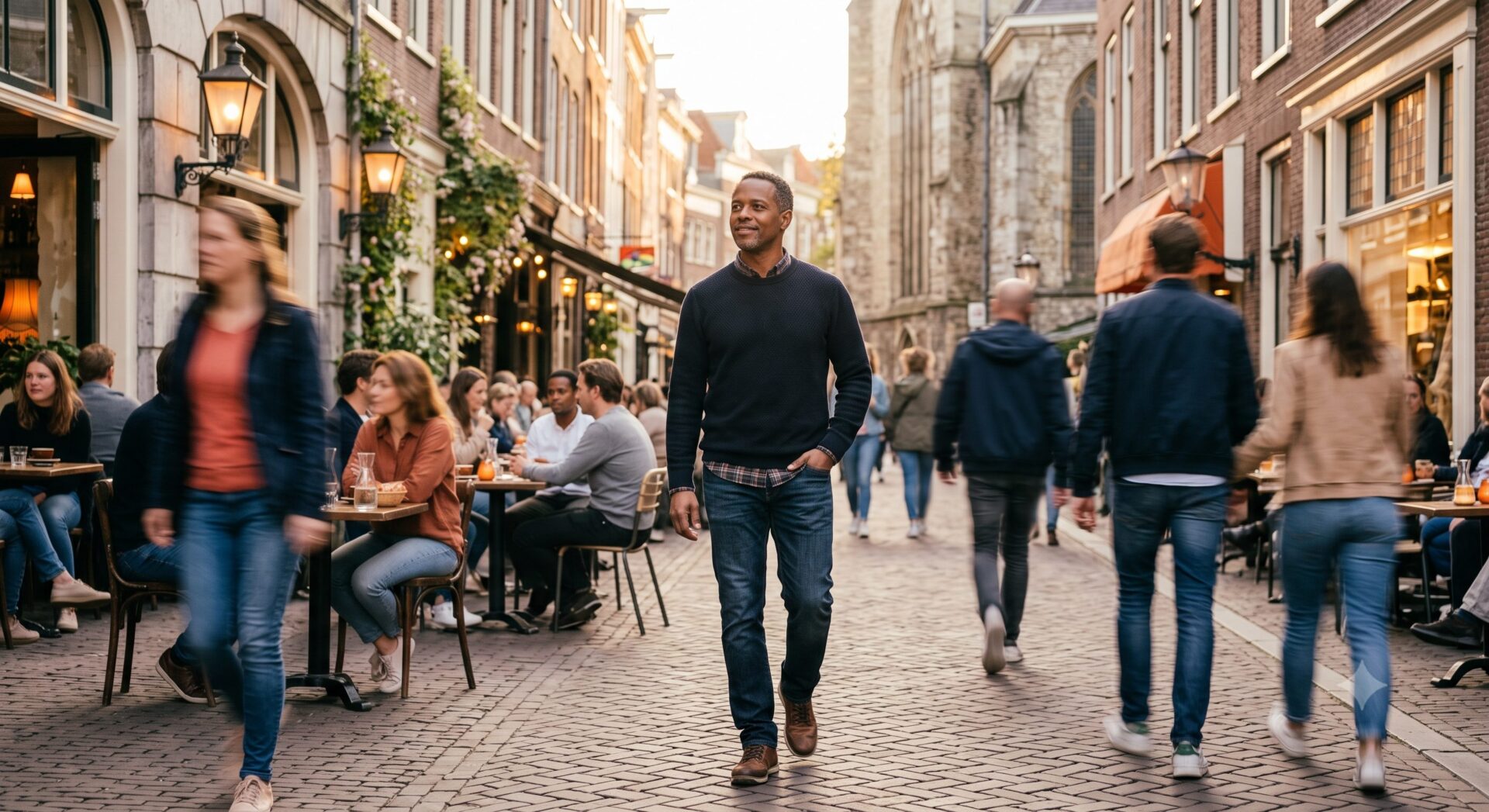 Man loopt zelfverzekerd door een drukke straat in avondlicht