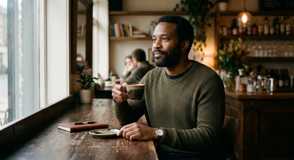 Man drinkt koffie aan een bar terwijl hij voor zich uit kijkt
