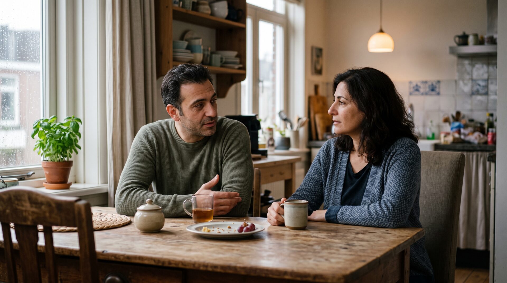 Man en vrouw zitten tegenover elkaar aan een keukentafel in een rustig gesprek