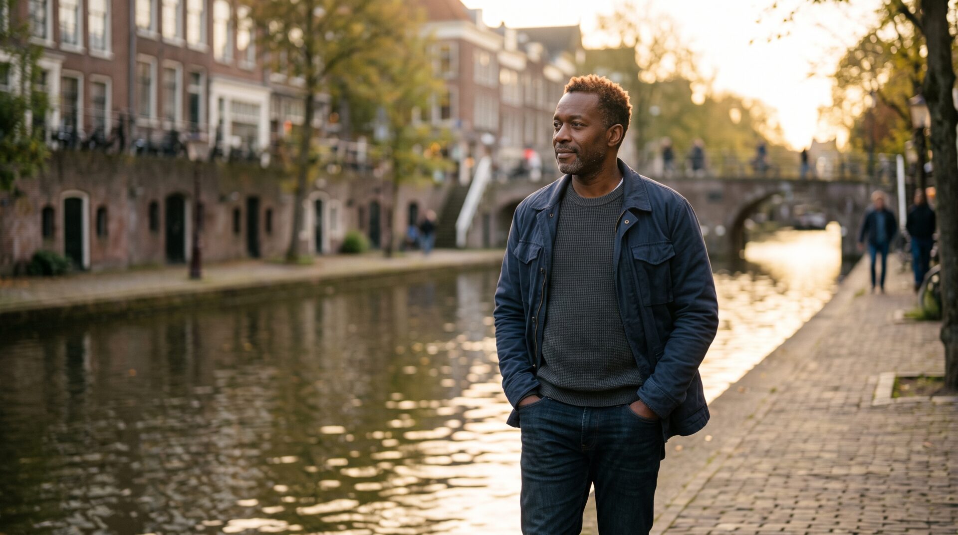 Man van midden veertig loopt rustig buiten en denkt na