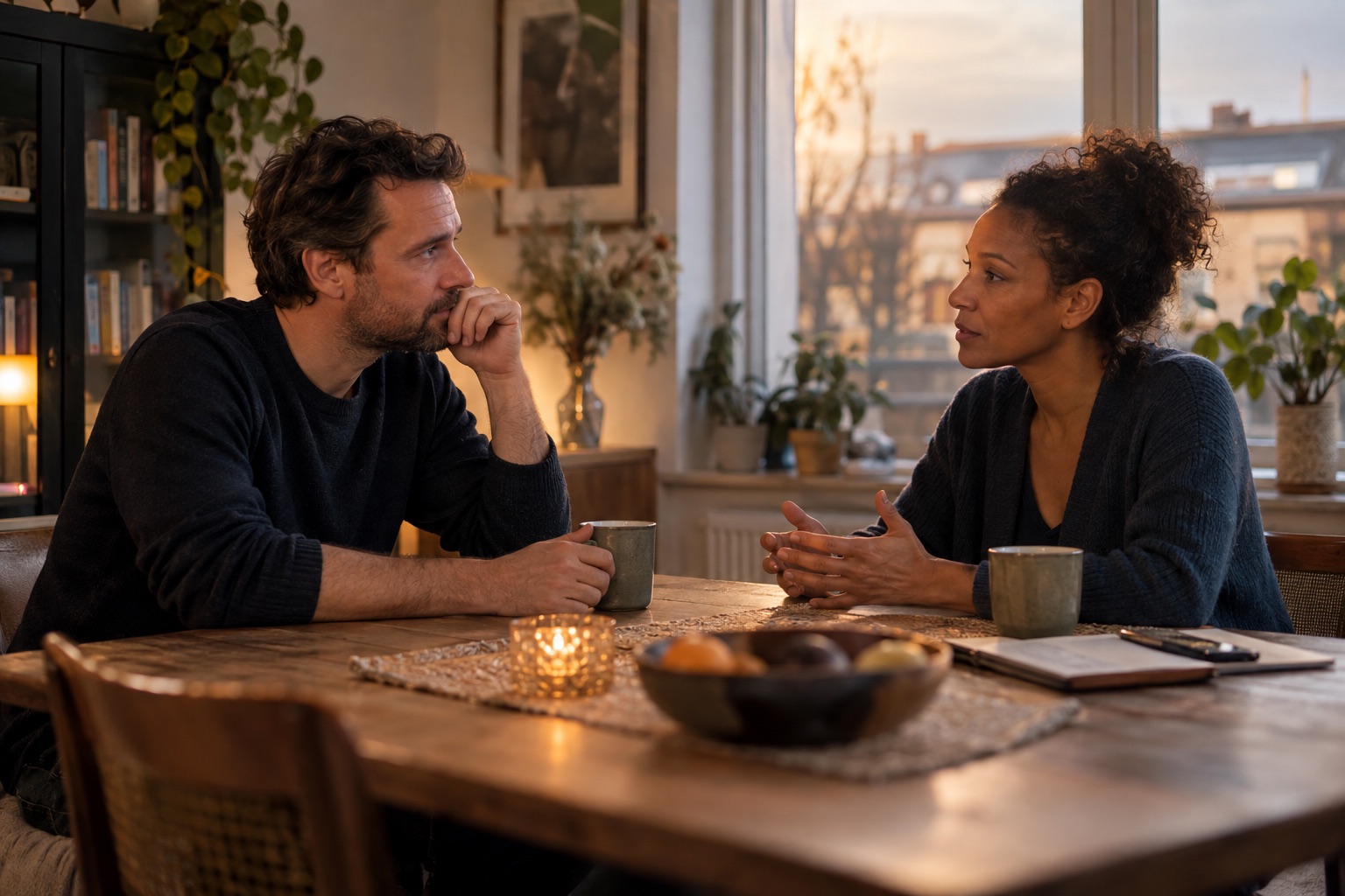 Man en vrouw bespreken rustig hun nieuwe relatie