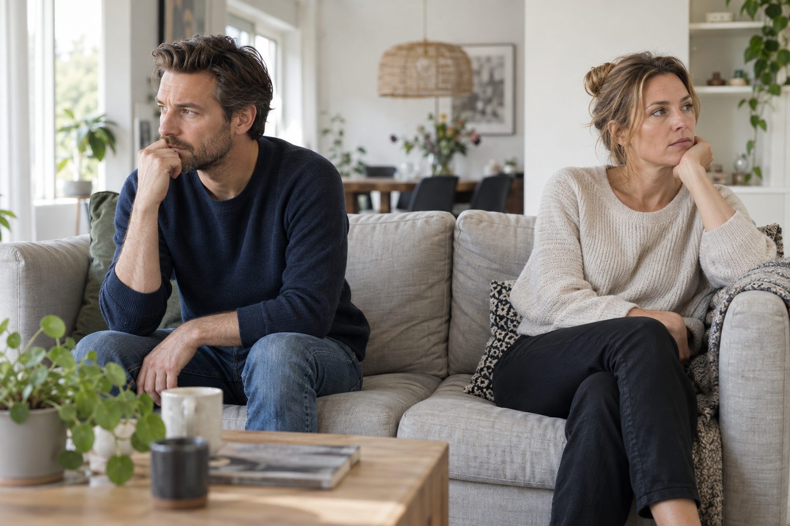 Een man en vrouw zitten met afstand van elkaar op de bank