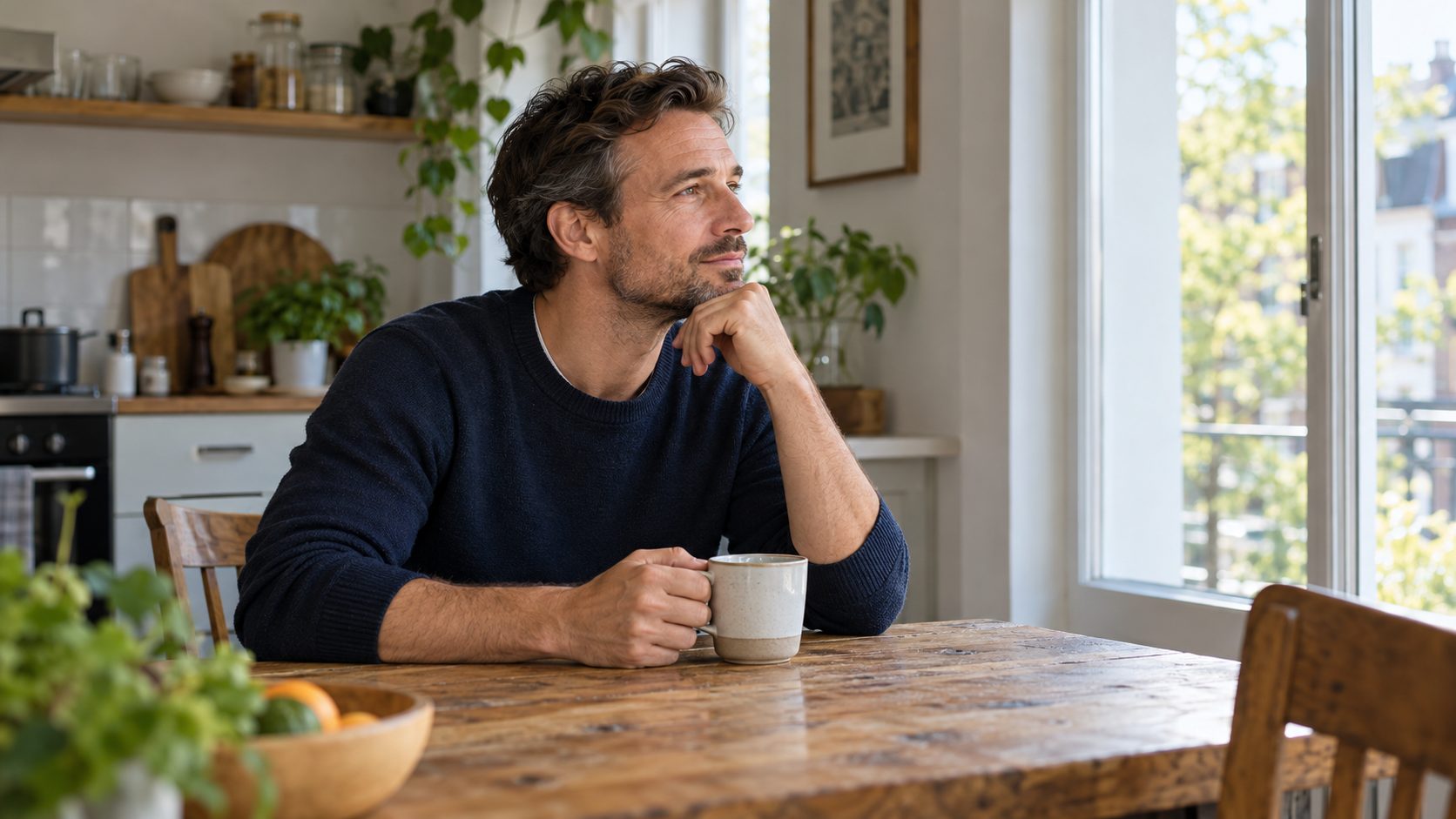 Man zit rustig aan de keukentafel met koffie in de ochtend