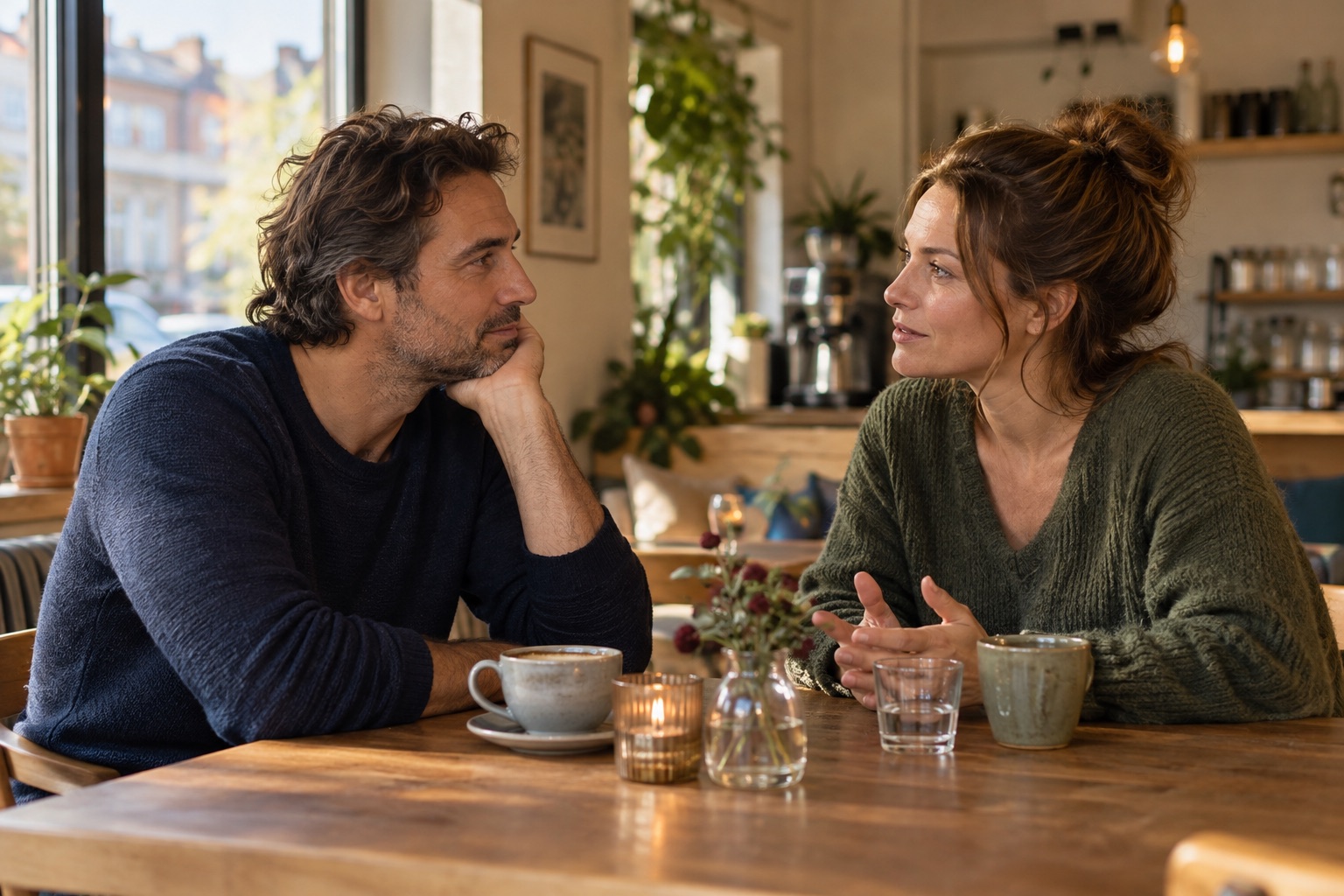 Man en vrouw voeren een eerlijk gesprek over hun nieuwe relatie