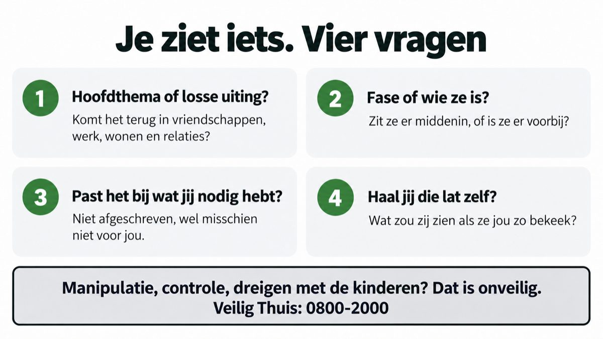 Vier vragen bij een red flag: is het een hoofdthema of een losse uiting, een fase of wie ze is, past het bij wat jij nodig hebt, en haal jij die lat zelf? Bij manipulatie, controle of dreigen: Veilig Thuis, 0800-2000.
