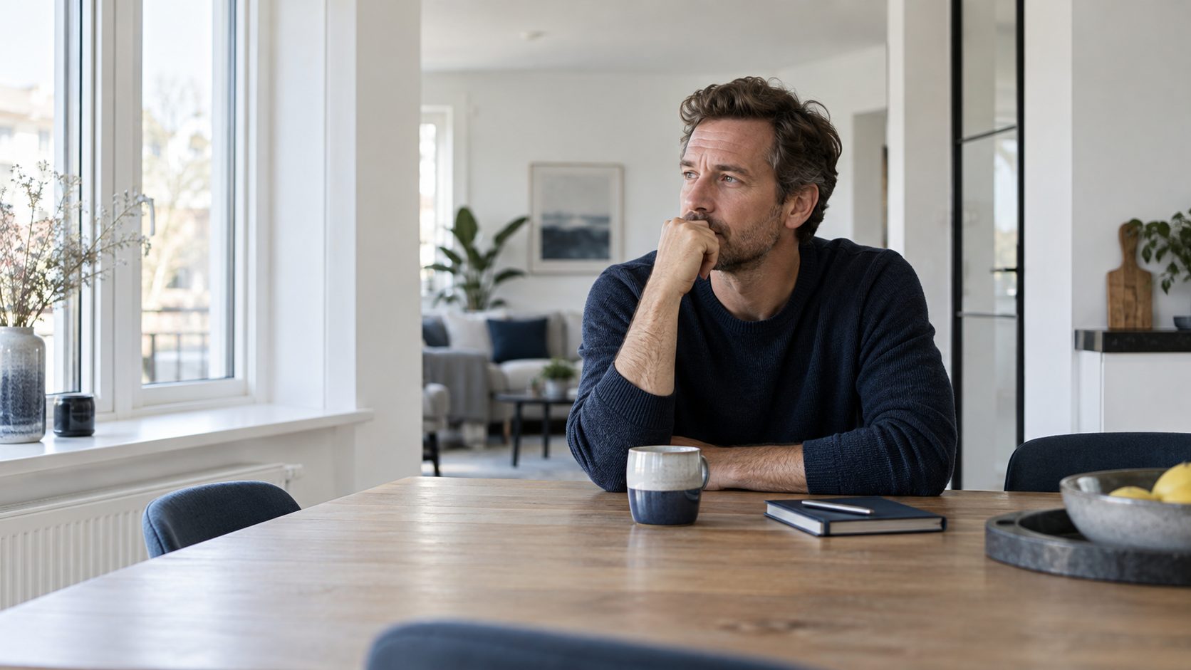 Een man denkt thuis rustig na over scheiden of blijven